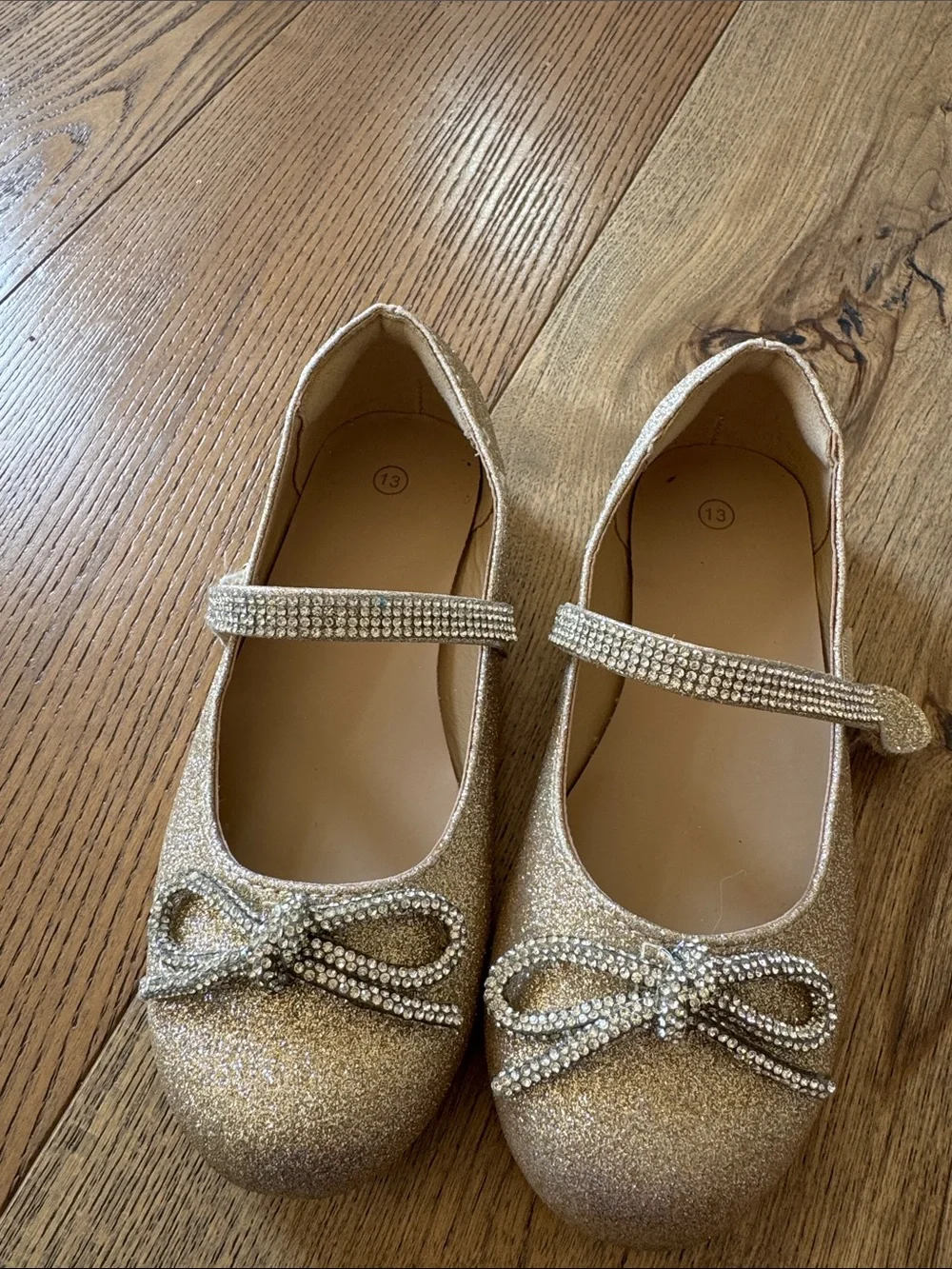 Kids Gold Glitter Mary Jane Shoes with Bow Detail